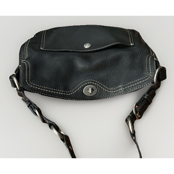 COACH Chelsea Black Pebbled Leather Silver Ring Accents Turn-Lock Bag Purse Hobo - Picture 9 of 11